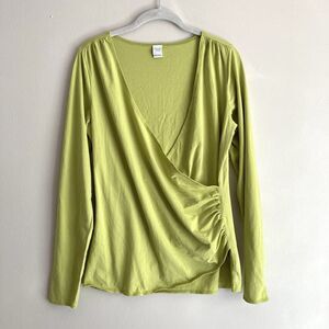 Garnet Hill Top Size Small Green Faux Wrap Long Sleeve Ruched V-Neck Fitted